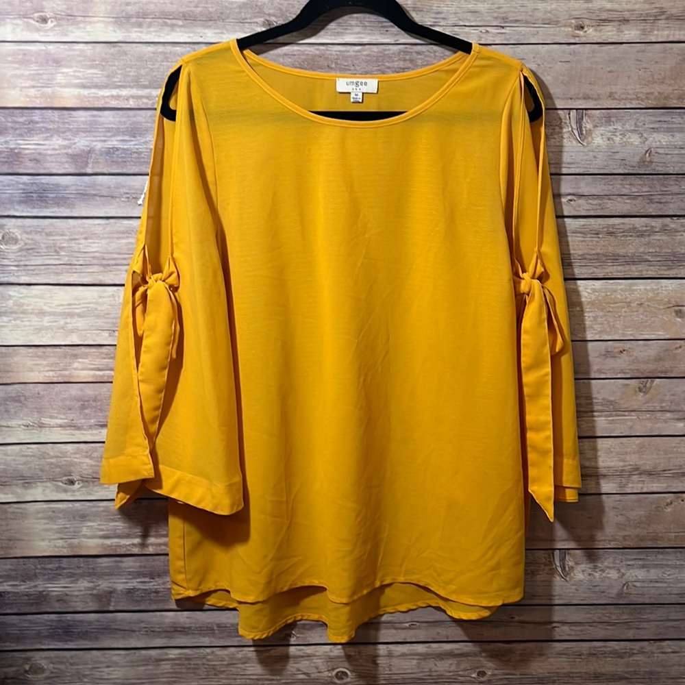 Umgee Yellow Orange Split Tie Sleeve Tunic Top Size Medium Chiffon A3
